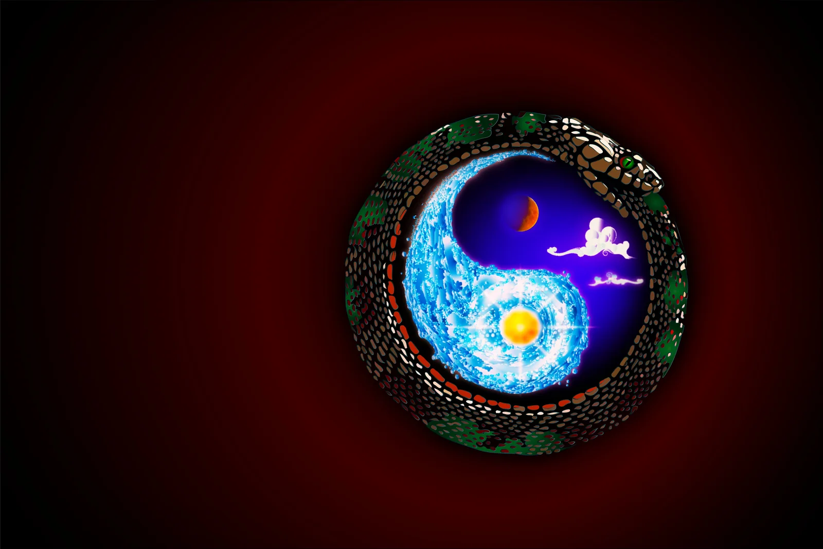 Ouroboros yin-yang: a scaled serpent circling a day-and-night yin-yang with sun, moon and clouds on deep red