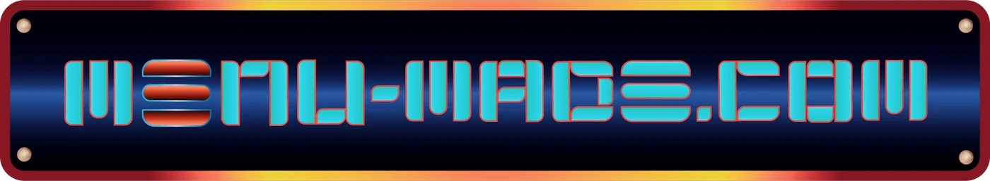 menu-made.com sign: neon cyan lettering on a dark metal plate with a red and gold frame